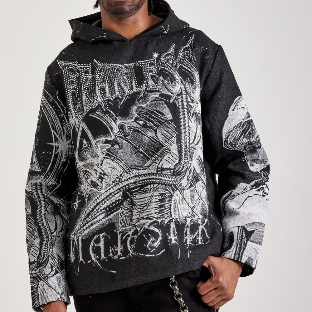 Majestik Fearless Woven Tapestry Hoodie Black White Satin Lined Graphic Mens M